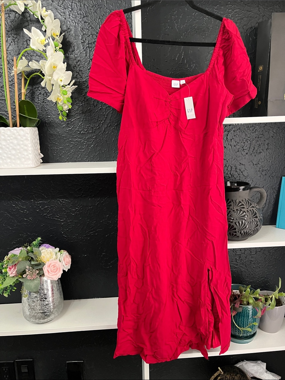 GAP Red Midi Dress with Puff Sleeves